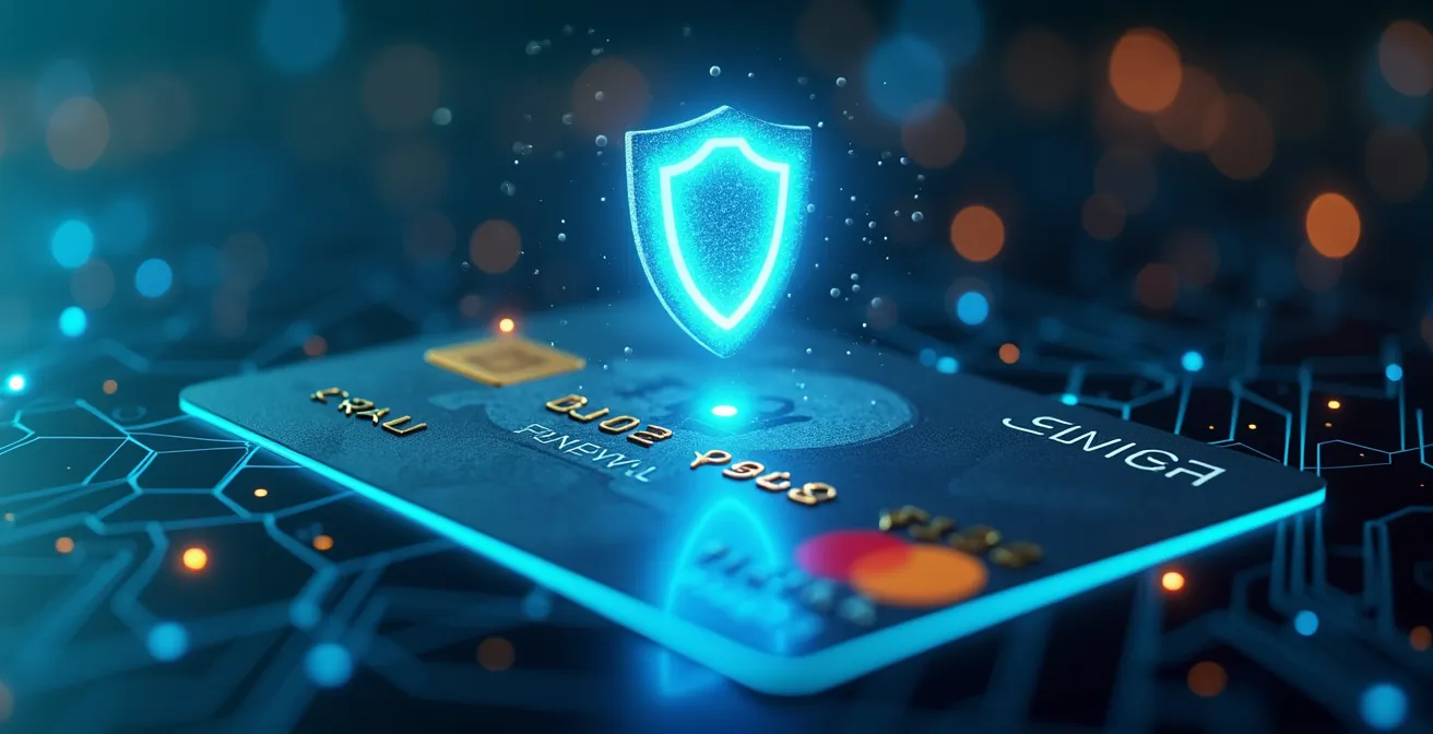 Symbole visuel représentant la protection contre la fraude bancaire avec une carte bancaire sécurisée et un bouclier digital