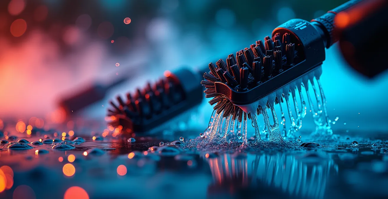 Gros plan sur un portique de lavage automatique avec brosses rotatives et jets d'eau haute pression