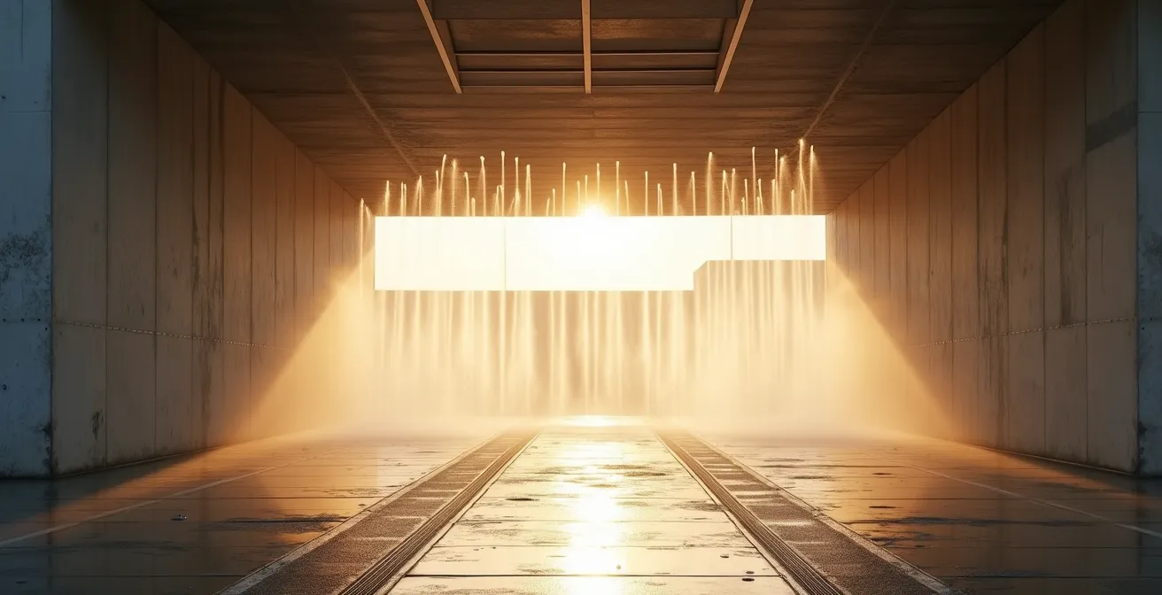 Vue architecturale épurée d'une baie de lavage moderne avec jeux d'eau