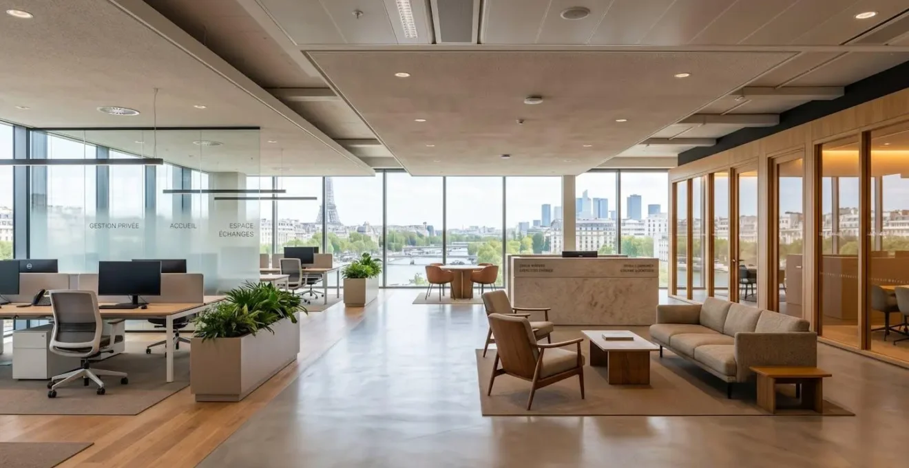 Vue grand angle d'un bureau d'agence bancaire ou de courtage vide, mobilier contemporain, lumière naturelle abondante traversant de larges fenêtres, ambiance professionnelle chaleureuse, architecture européenne moderne