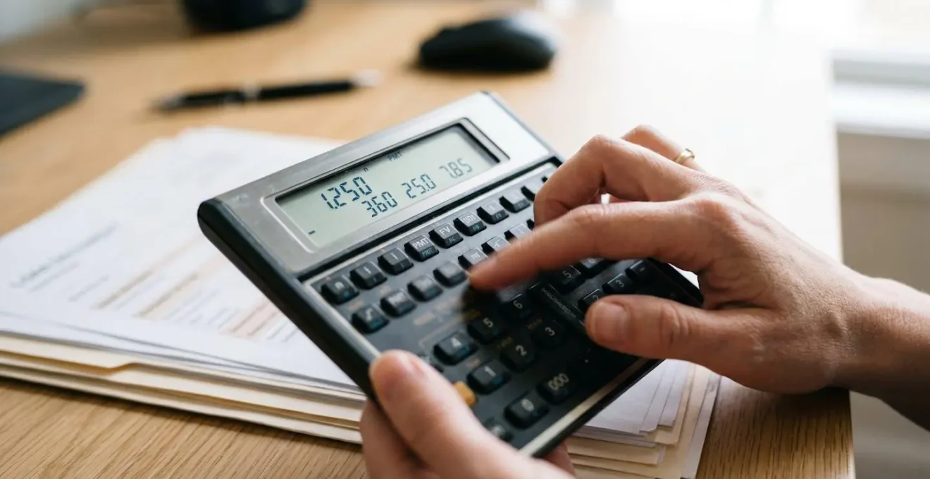 Gros plan sur une calculatrice financière moderne avec affichage net de chiffres, une main floue en train d'actionner les touches, des documents de taux de crédit partiellement visibles et floutés en arrière-plan