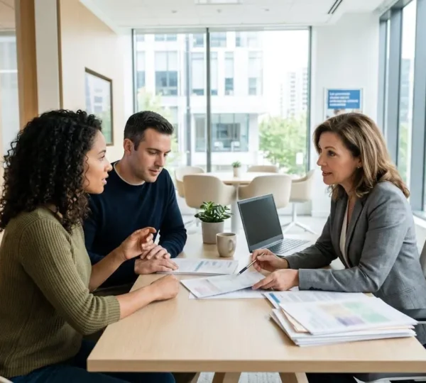 Un couple vu de dos consulte un conseiller bancaire dans un bureau moderne lumineux lors d'une demande de crédit immobilier