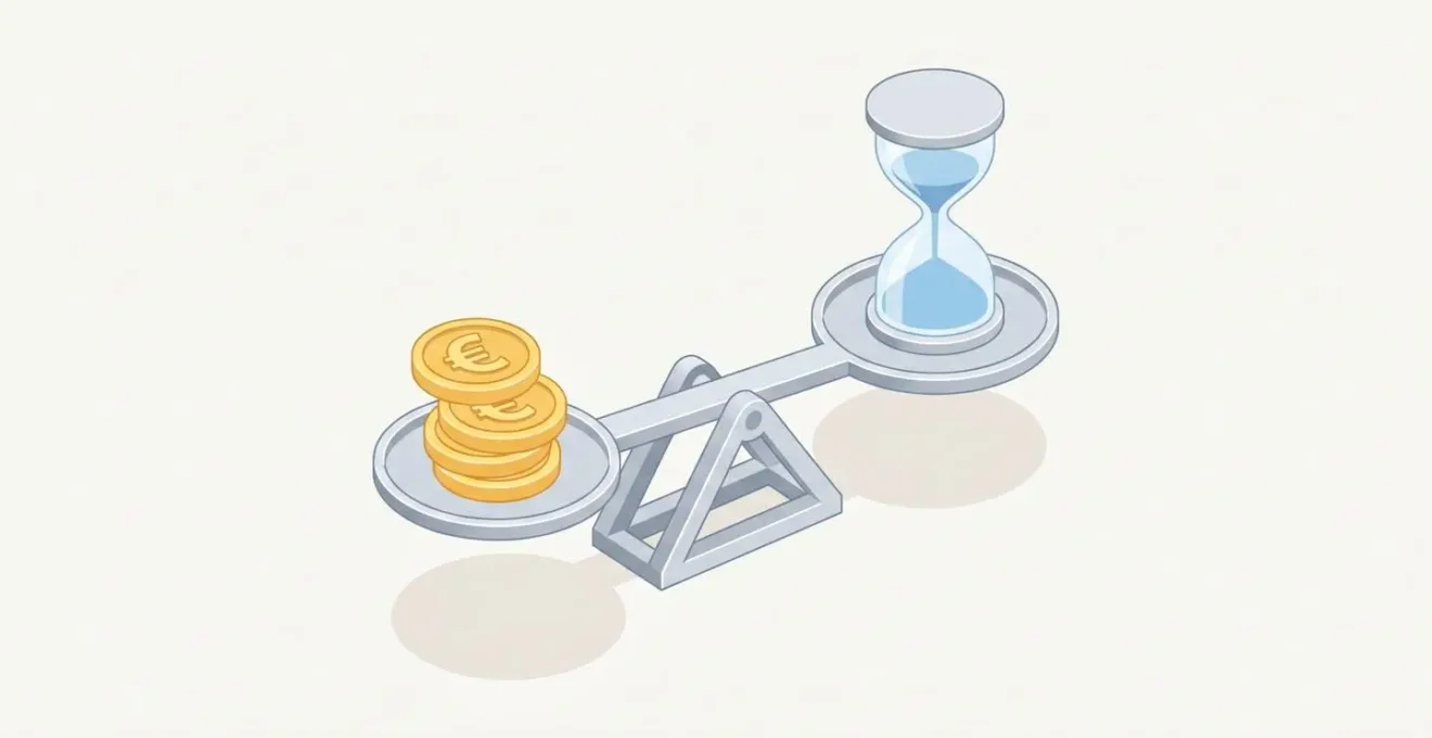 Illustration isométrique d'une balance en équilibre avec des pièces de monnaie sur un plateau et un sablier sur l'autre, symbolisant l'arbitrage entre mensualités réduites et durée allongée.