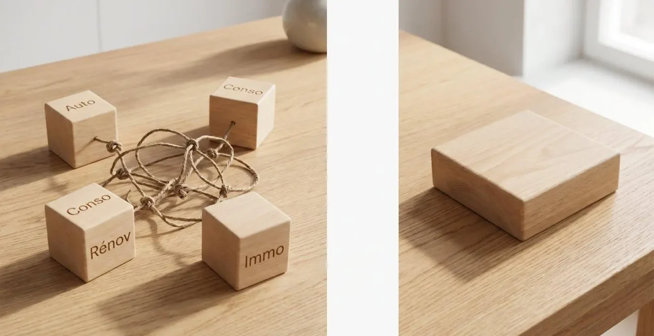 Vue conceptuelle montrant à gauche plusieurs petits blocs de bois reliés par des ficelles emmêlées symbolisant plusieurs crédits, et à droite un seul bloc unique représentant le rachat de crédit simplifié.