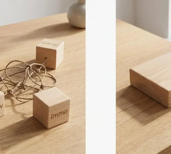 Vue conceptuelle montrant à gauche plusieurs petits blocs de bois reliés par des ficelles emmêlées symbolisant plusieurs crédits, et à droite un seul bloc unique représentant le rachat de crédit simplifié.