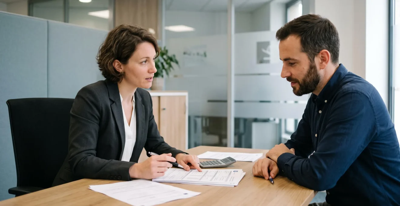 Un conseiller bancaire explique les critères d'éligibilité d'un prêt immobilier à un client lors d'un rendez-vous de conseil, documents et calculatrice visibles sur le bureau.