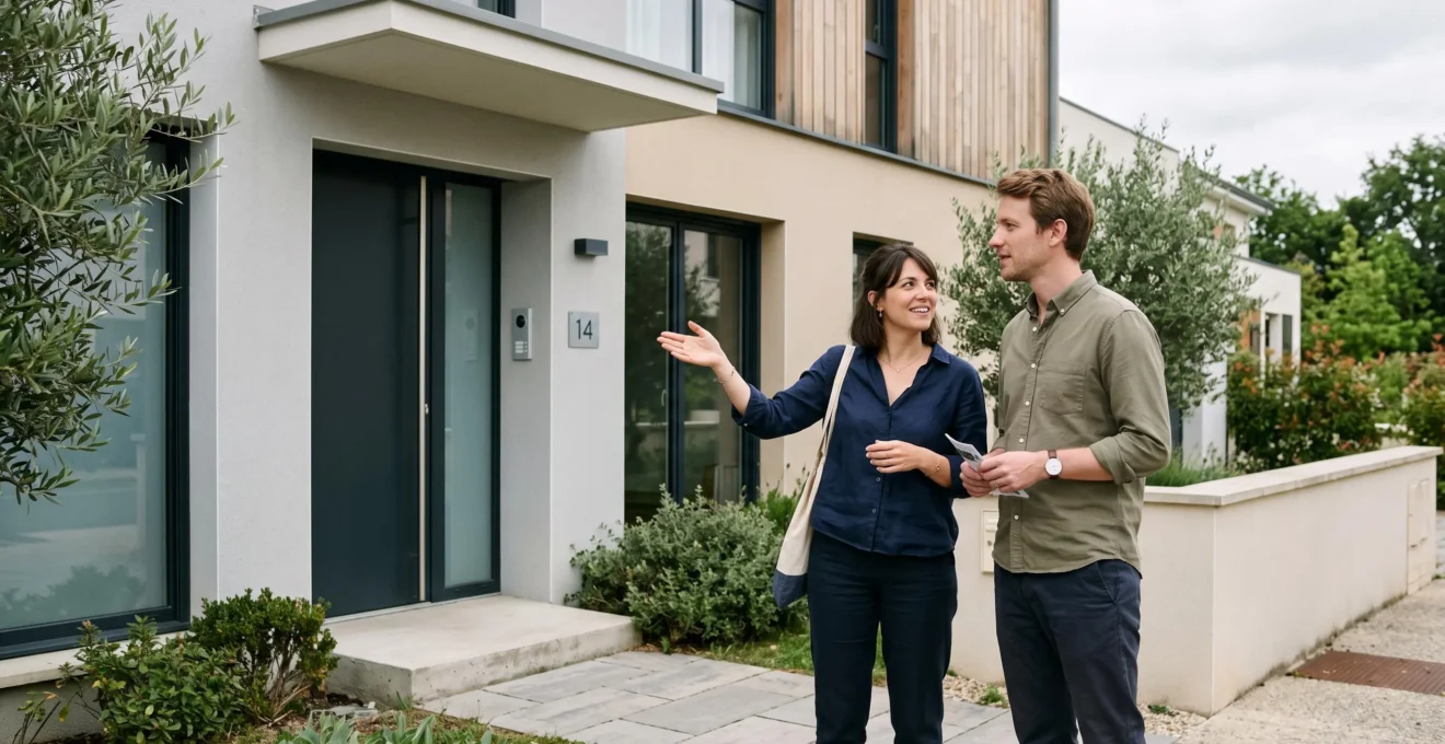 Un jeune couple visite une propriété résidentielle moderne, observant et discutant des caractéristiques du bien dans le cadre d'un projet d'acquisition immobilière.