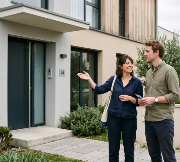 Un jeune couple visite une propriété résidentielle moderne, observant et discutant des caractéristiques du bien dans le cadre d'un projet d'acquisition immobilière.