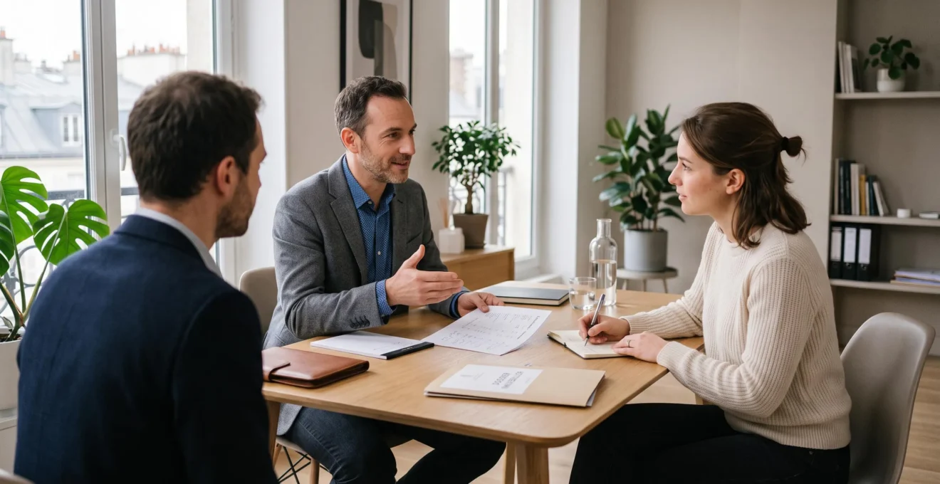 Courtier en crédit immobilier expliquant un plan de financement à un primo-accédant lors d'un rendez-vous professionnel