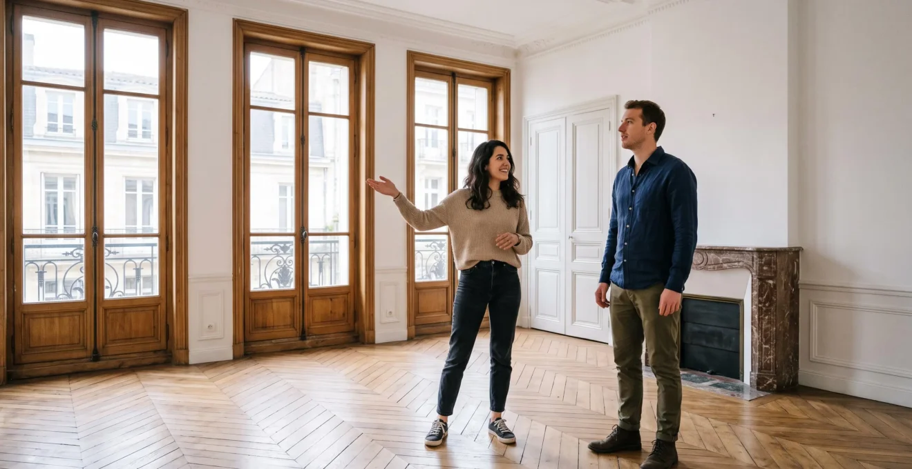 Jeune couple visitant un appartement vide à Bordeaux avec grandes fenêtres et parquet en chevrons