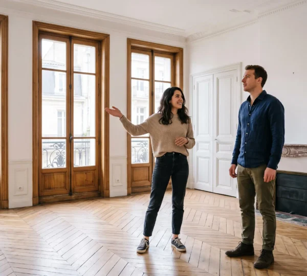 Jeune couple visitant un appartement vide à Bordeaux avec grandes fenêtres et parquet en chevrons