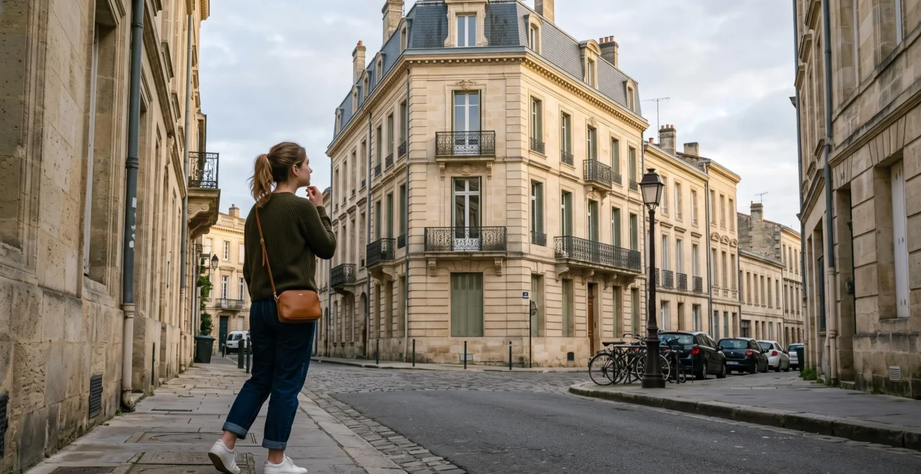 Jeune femme observant un immeuble résidentiel typique de Bordeaux en pierre blonde